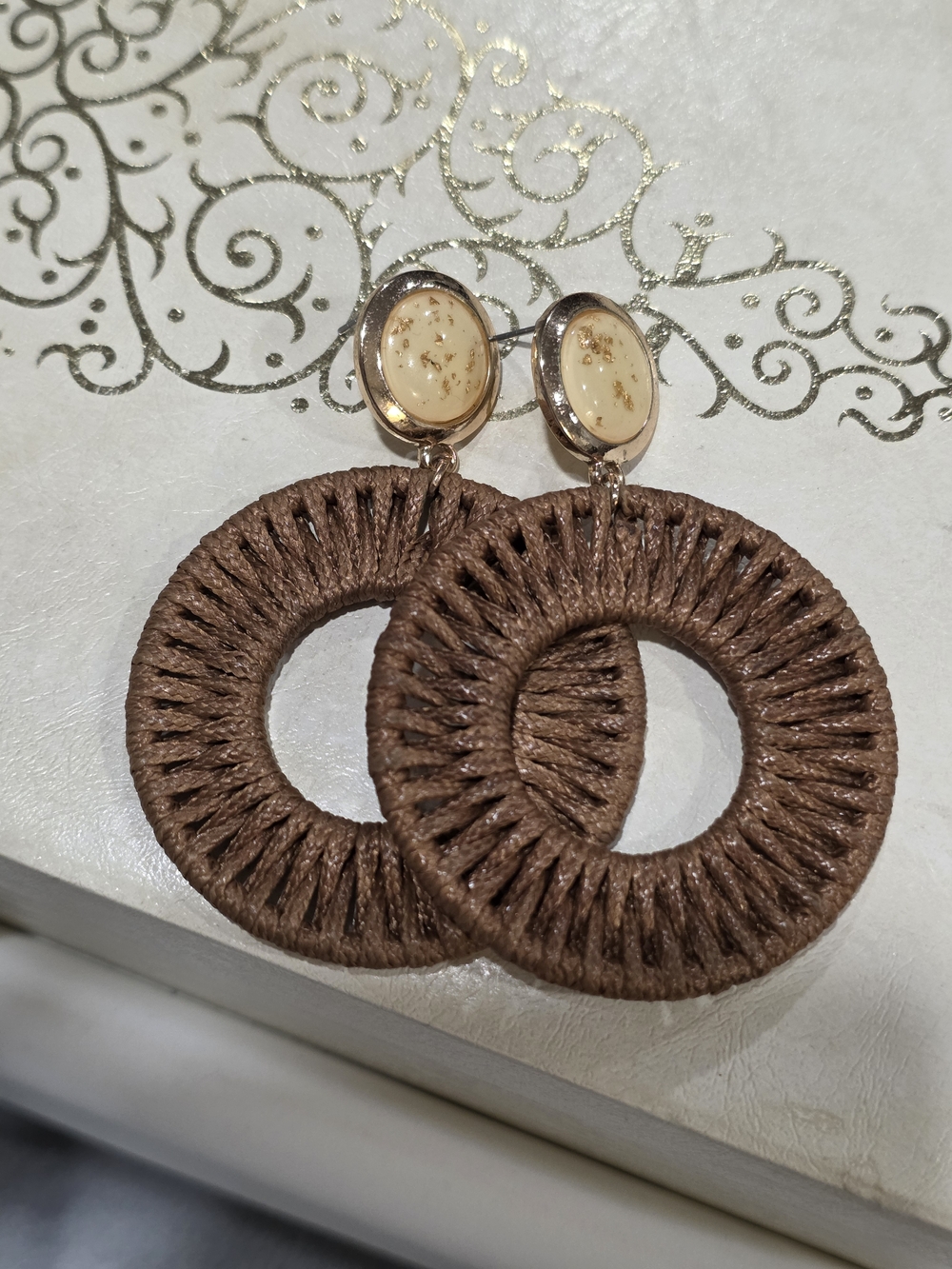 Handwoven Brown Hoop Drop Earrings with Cream Stone Studs